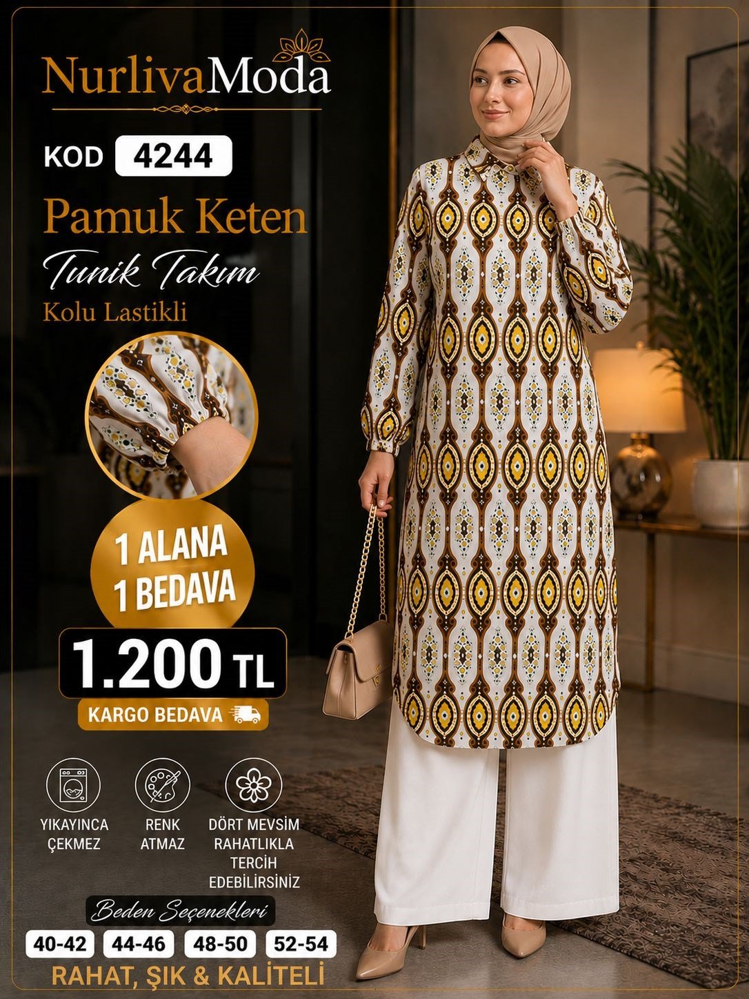 1 ALANA 1 BEDAVA 1200 TL KARGO BEDAVA ETNİK DESEN TUNİK TAKIM SARI 
