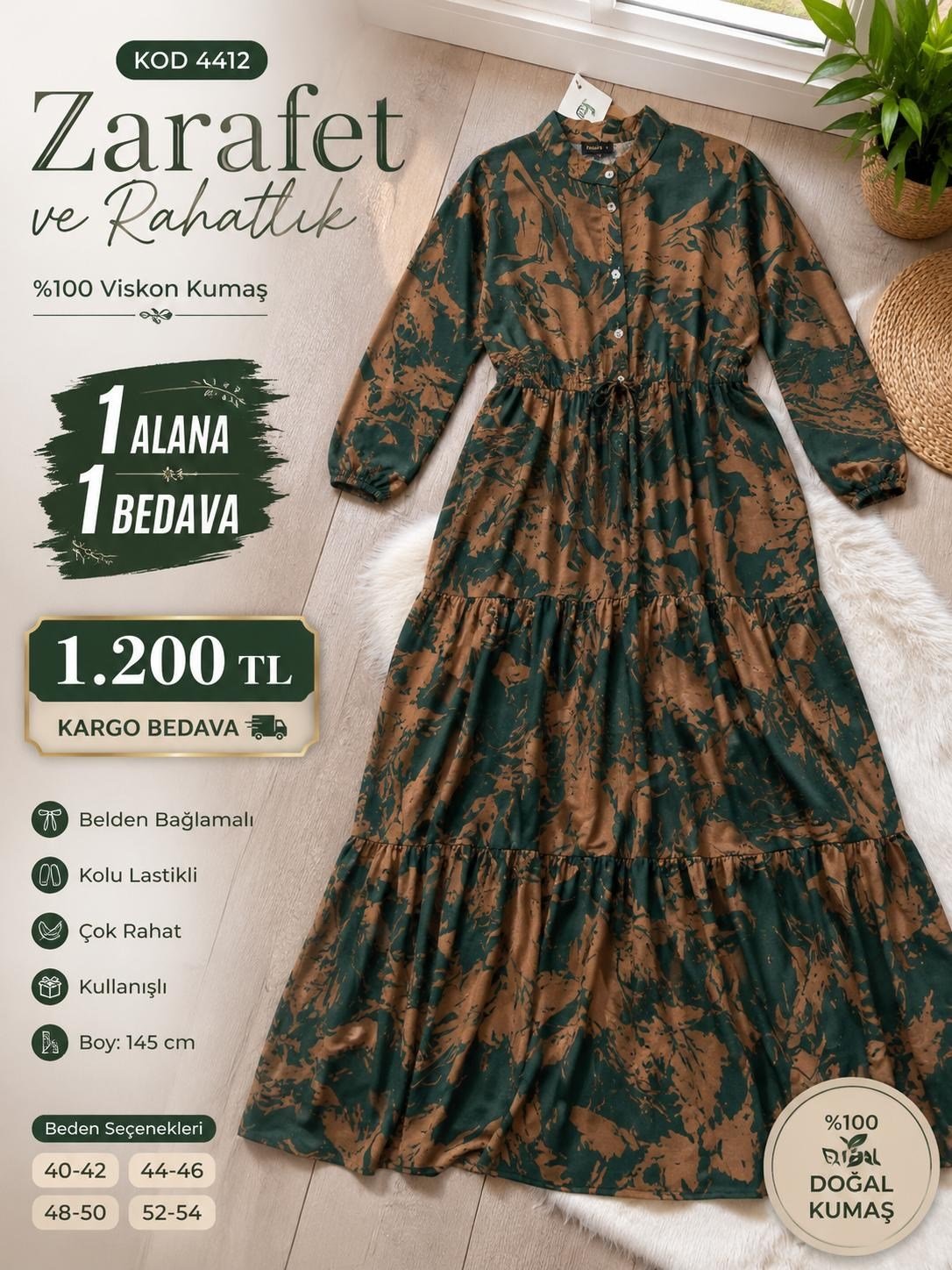1 ALANA 1 BEDAVA 1200 TL KARGO BEDAVA BELDEN BAĞLAMALI YARIYA KADAR DÜĞMELİ ELBİSE YEŞİL-KAHVERENGİ