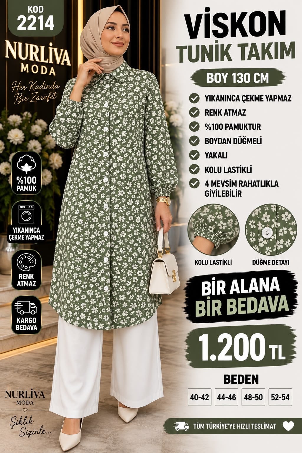 1 ALANA  1 BEDAVA 1200 TL KARGO BEDAVA VİSKON KUMAŞ ÇİÇEK DESENLİ TAKIM YEŞİL 
