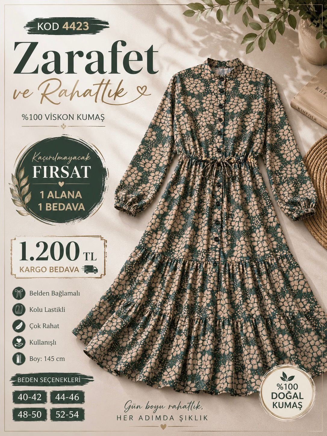 1 ALANA 1 BEDAVA 1200 TL KARGO BEDAVA KARE ETNİK DESEN ELBİSE YEŞİL- SÜTLÜ KAHVE 