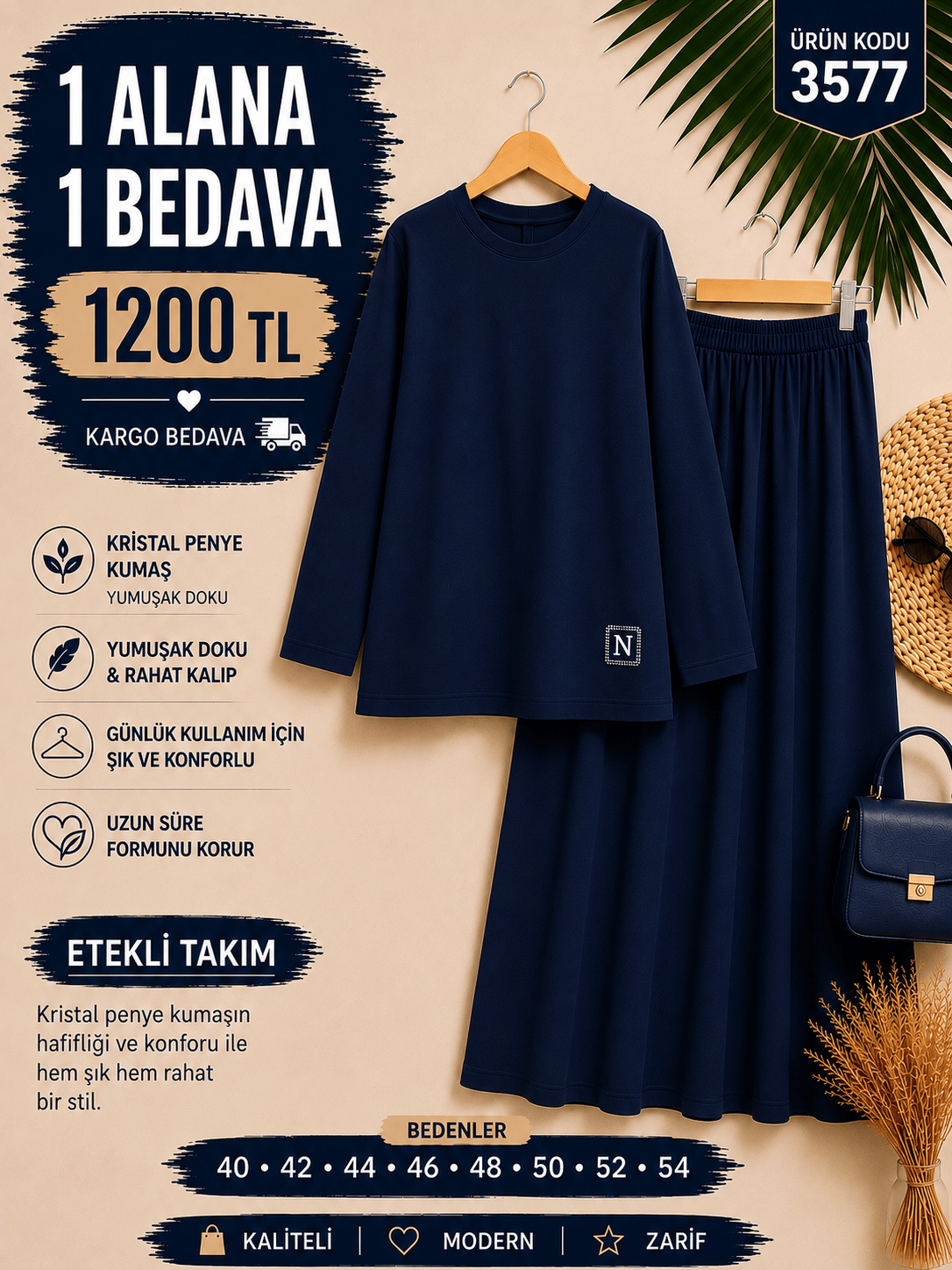 1 ALANA 1 BEDAVA 1200 TL KARGO BEDAVA KRİSTAL PENYE KUMAŞ ETEKLİ TAKIM LACİVERT 