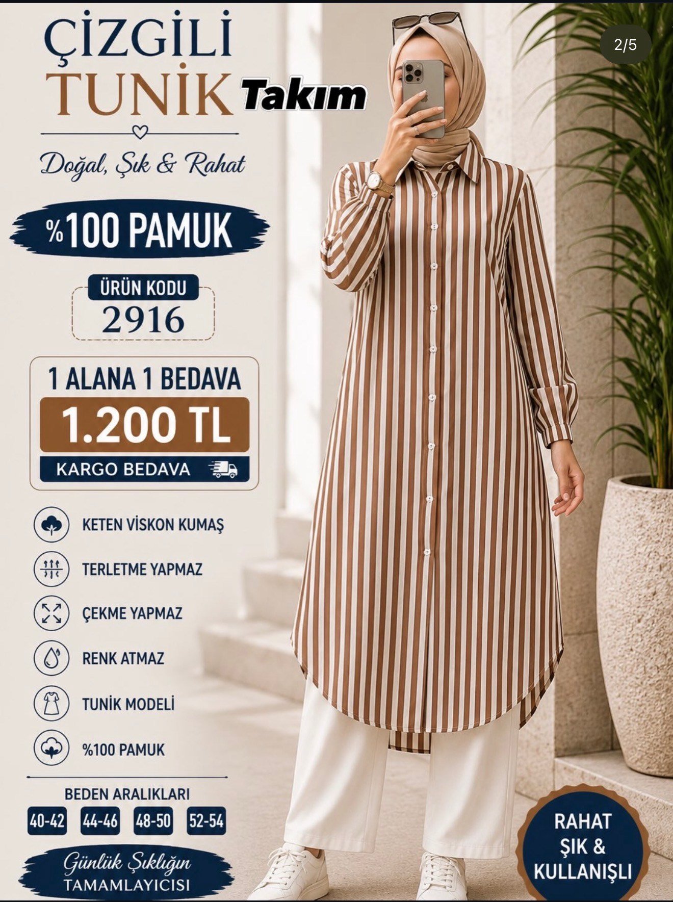 1 ALANA 1 BEDAVA 1200 TL KARGO BEDAVA TUNİK TAKIM KAHVERENGİ 