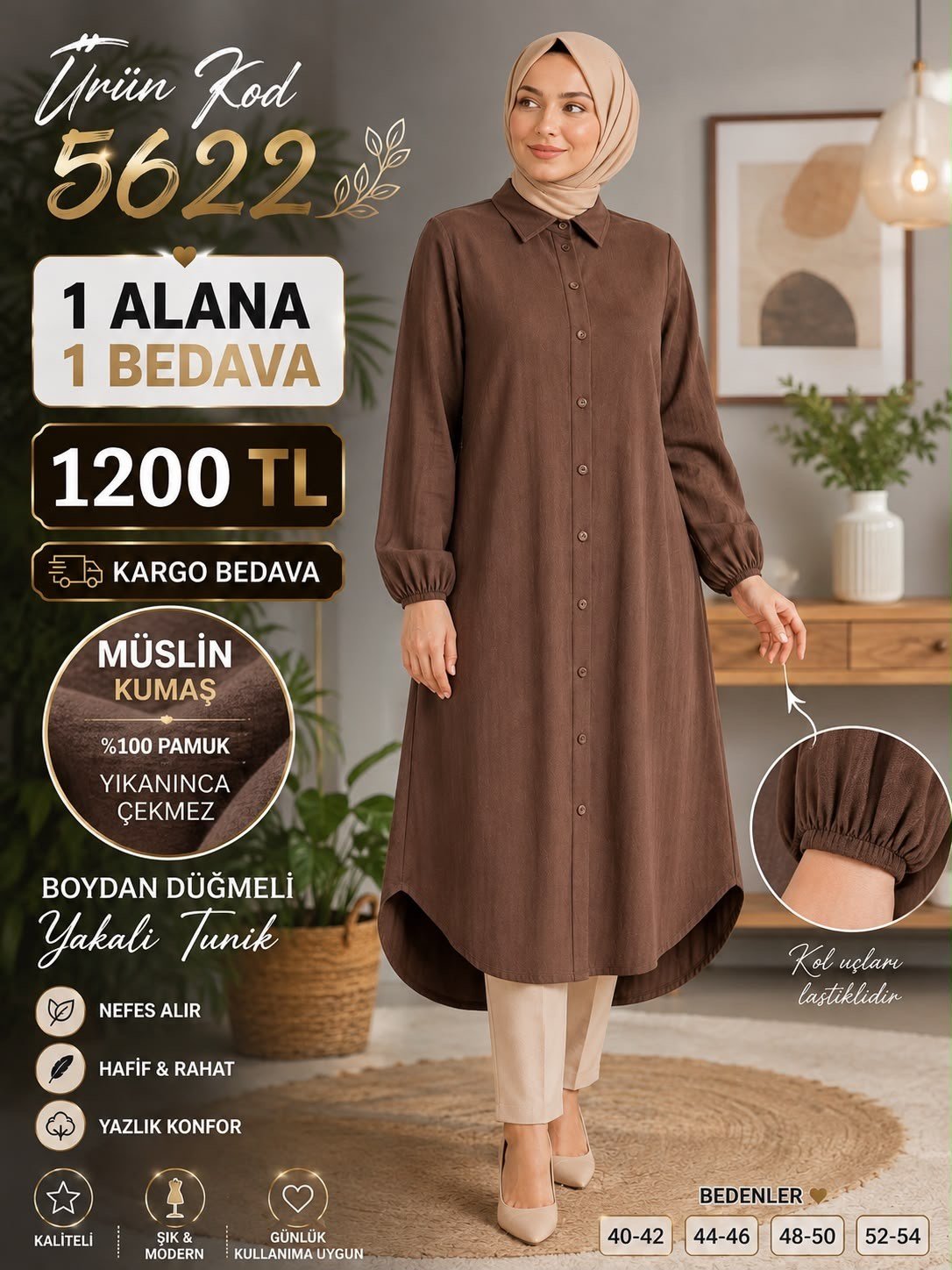 1 ALANA 1 BEDAVA 1200 TL KARGO BEDAVA MÜSLİM KUMAŞ BOYDAN DÜĞMELİ TUNİK KAHVERENGİ 