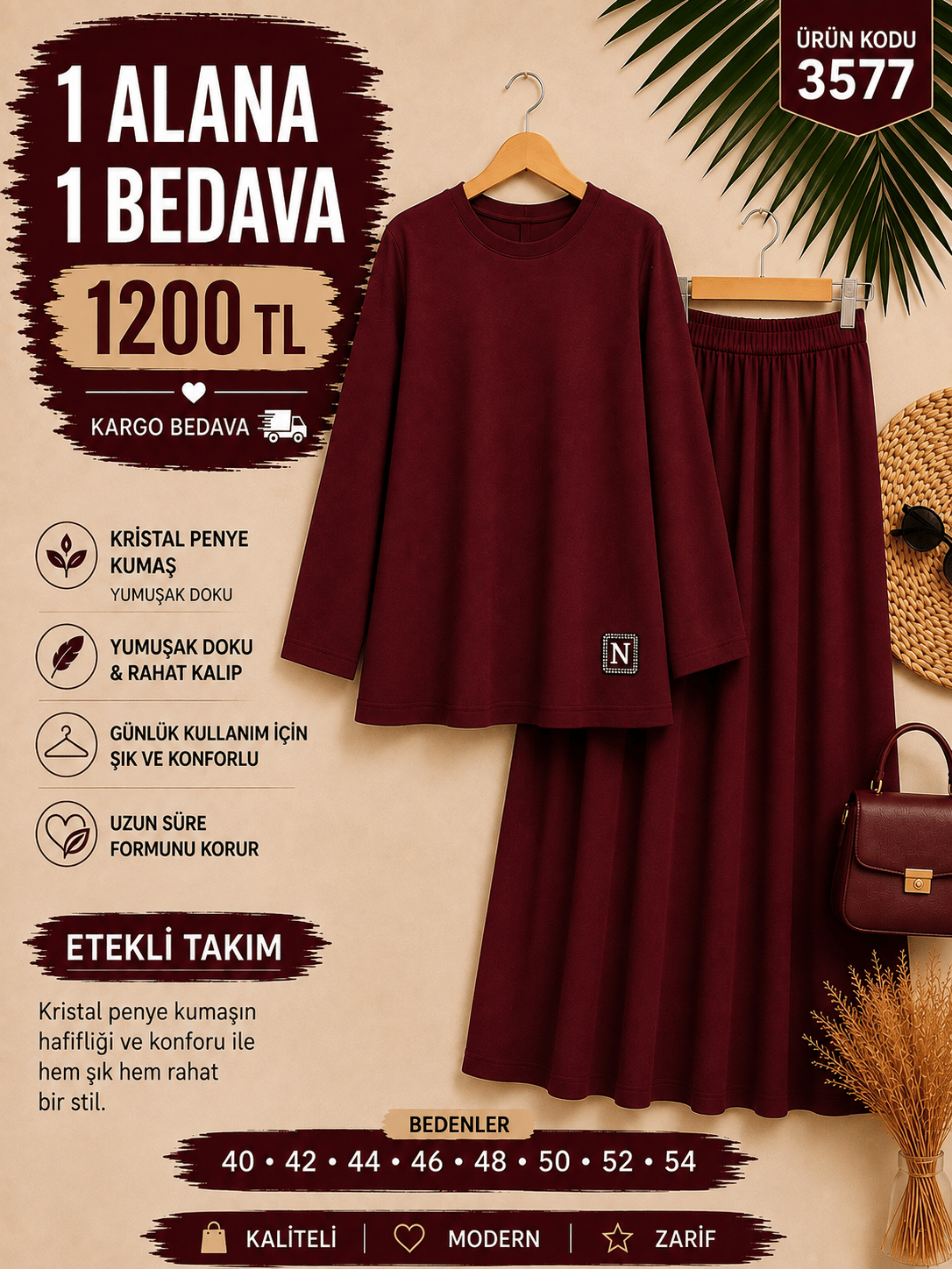 1 ALANA 1 BEDAVA 1200 TL KARGO BEDAVA KRİSTAL PENYE KUMAŞ ETEKLİ TAKIM BORDO 