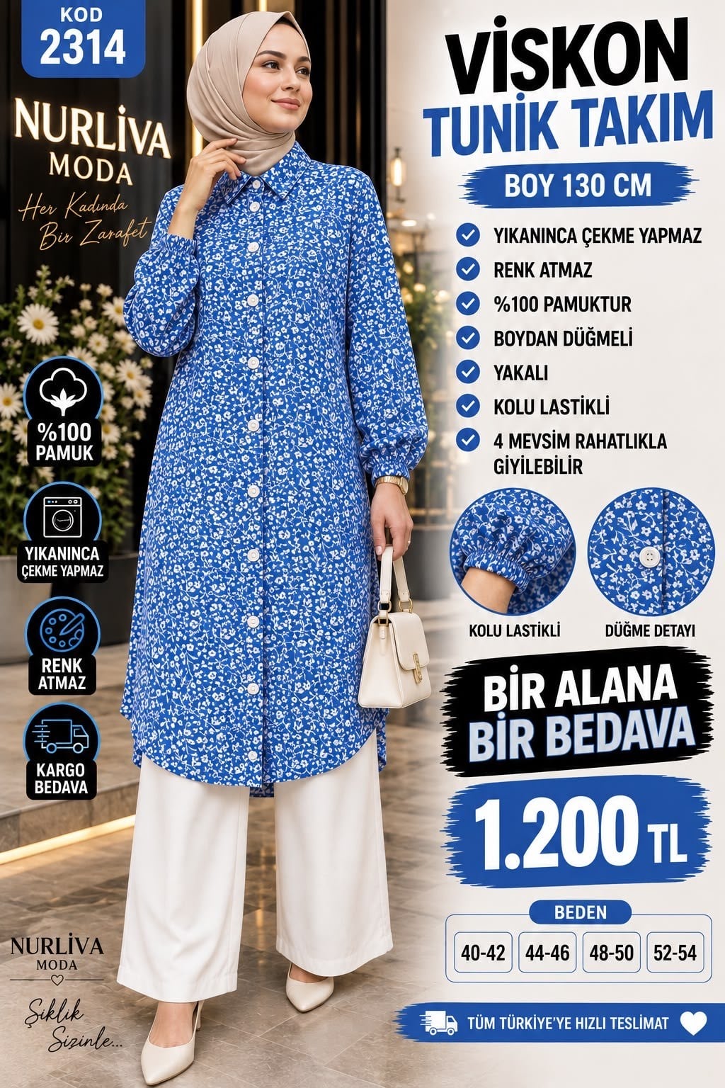 1 ALANA  1 BEDAVA 1200 TL KARGO BEDAVA VİSKON KUMAŞ ÇİÇEK DESENLİ TAKIM TOZ MAVİ 