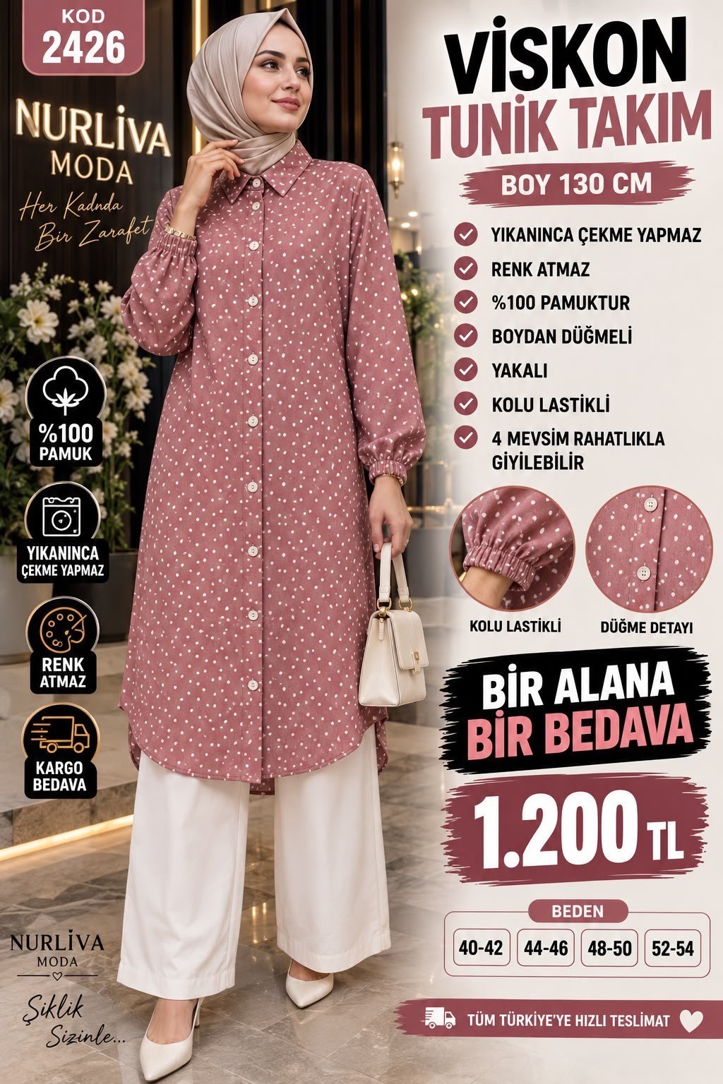 1 ALANA  1 BEDAVA 1200 TL KARGO BEDAVA VİSKON KUMAŞ PUANTİYE DETAYLI TAKIM PEMBE 