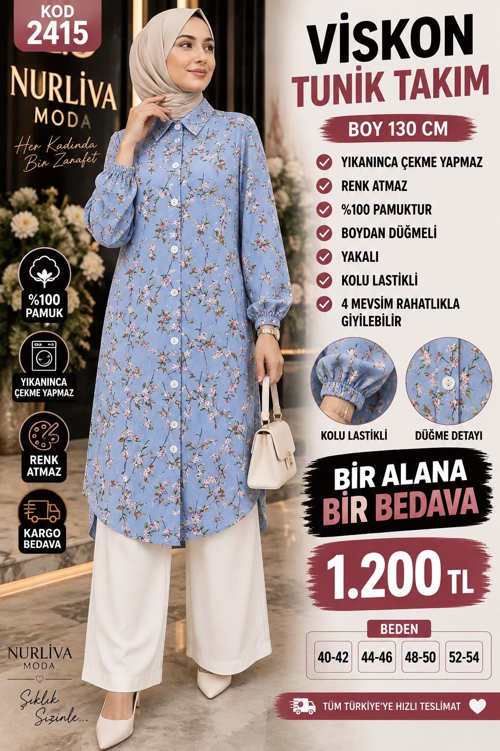1 ALANA  1 BEDAVA 1200 TL KARGO BEDAVA VİSKON KUMAŞ ÇİÇEK DESENLİ TAKIM MAVİ 