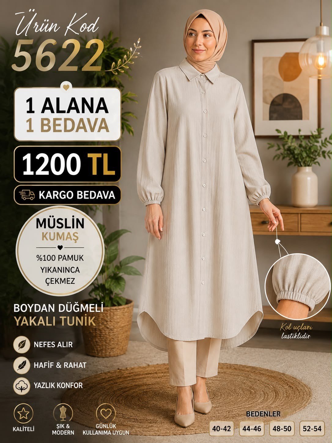 1 ALANA 1 BEDAVA 1200 TL KARGO BEDAVA MÜSLİM KUMAŞ BOYDAN DÜĞMELİ TUNİK EKRU 