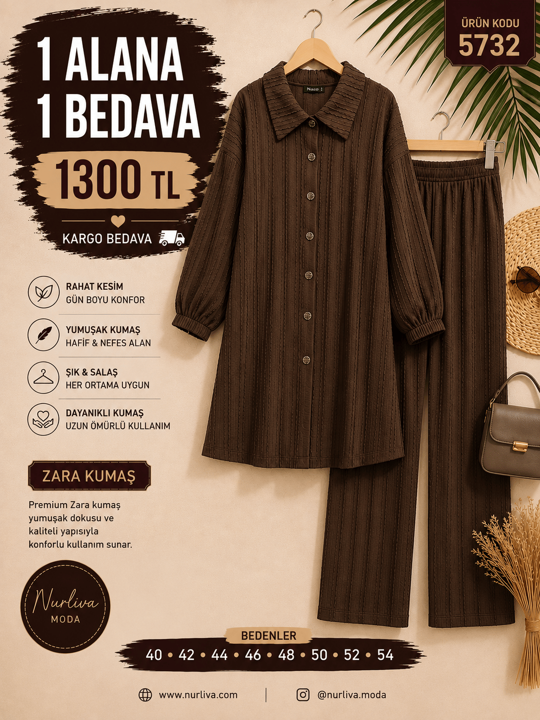 1 ALANA 1 BEDAVA 1300 TL KARGO BEDAVA ZARA KUMAŞ PANTOLONLU TAKIM  KAHVERENGİ 