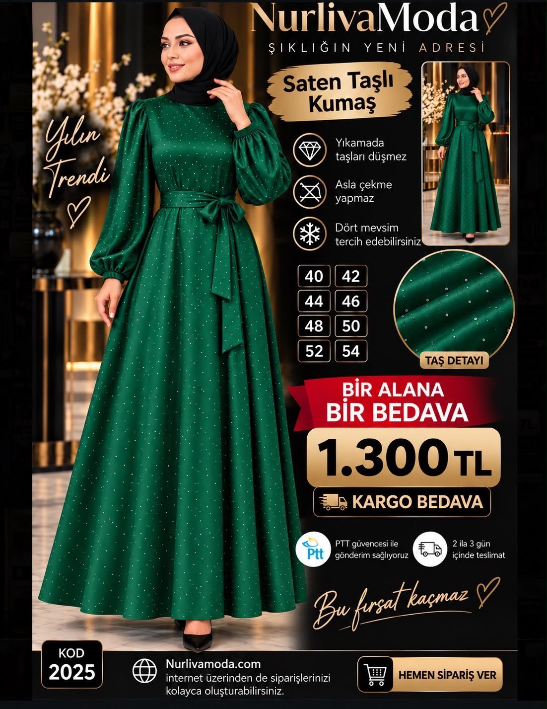 1 ALANA 1 BEDAVA 1300 TL KARGO BEDAVA  TAŞ BASKILI SATEN KUMAŞ SEYYAR KEMERLİ ABİYE ELBİSE ÇİMEN YEŞİLİ 
