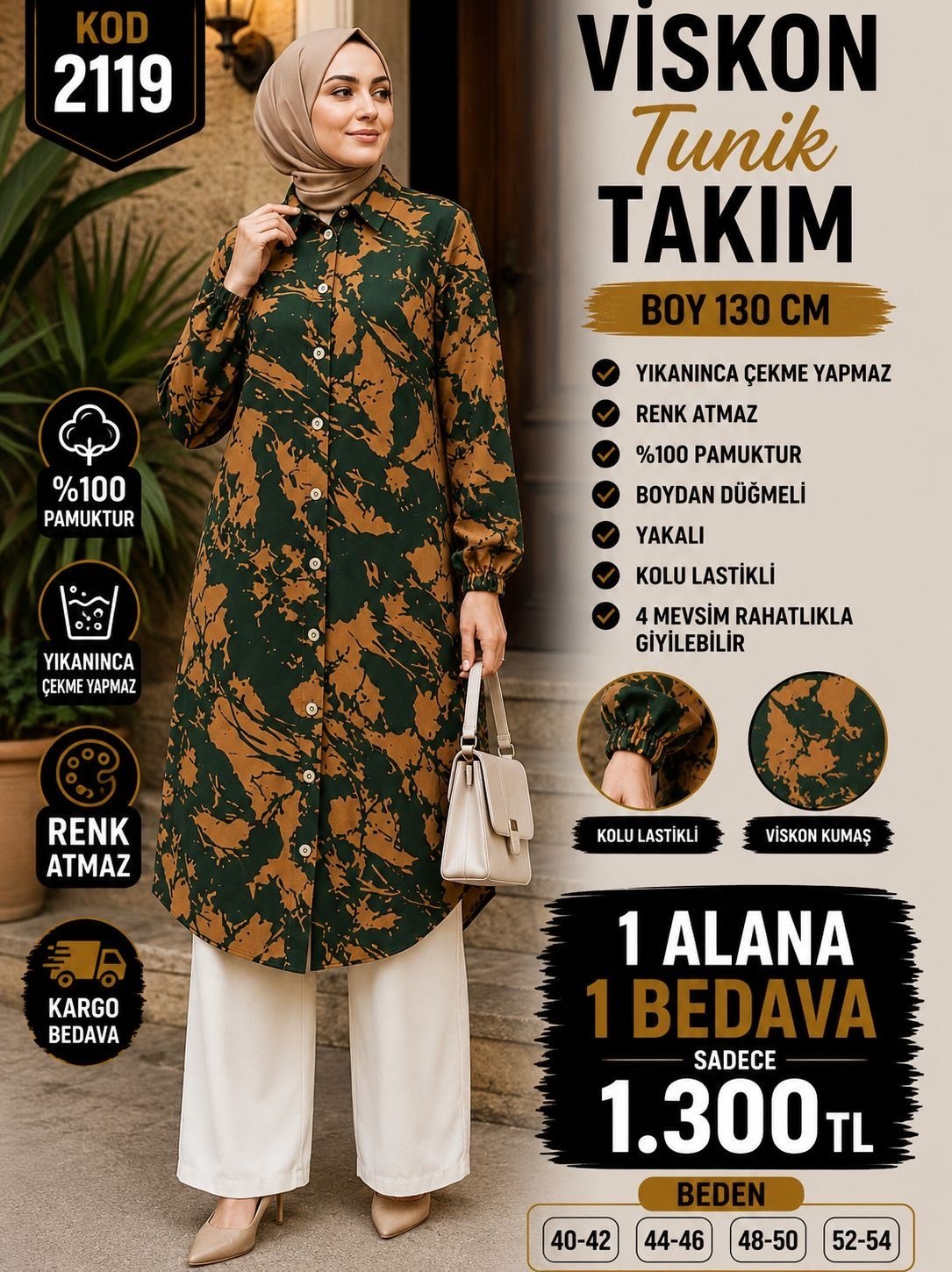 1 ALANA 1 BEDAVA 1300 TL KARGO BEDAVA BOYDAN DÜĞMELİ PANTOLONLU VİSKON KUMAŞ TUNİK TAKIM YEŞİL - KAHVERENGİ 