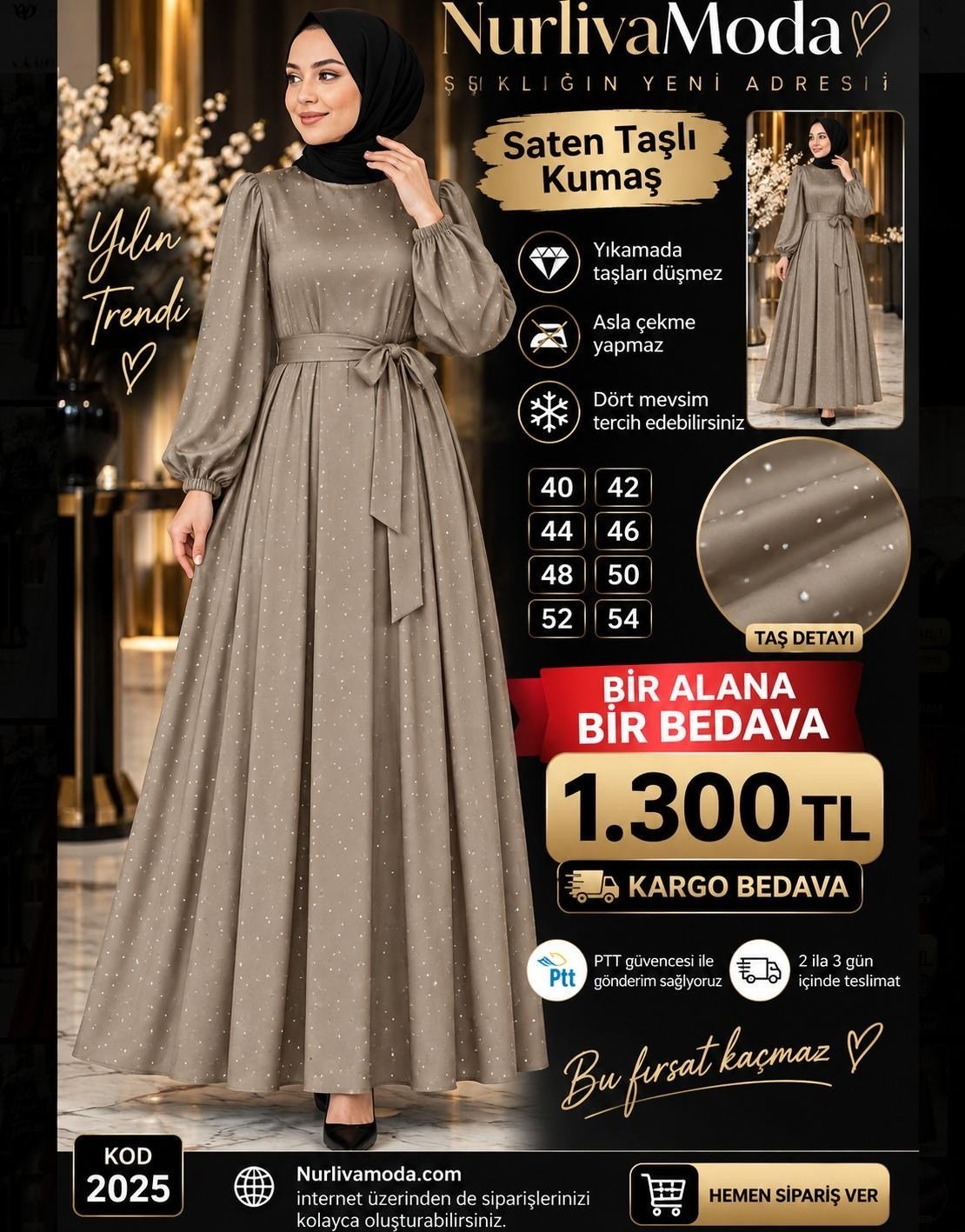 1 ALANA 1 BEDAVA 1300 TL KARGO BEDAVA  TAŞ BASKILI SATEN KUMAŞ SEYYAR KEMERLİ ABİYE ELBİSE VİZON 