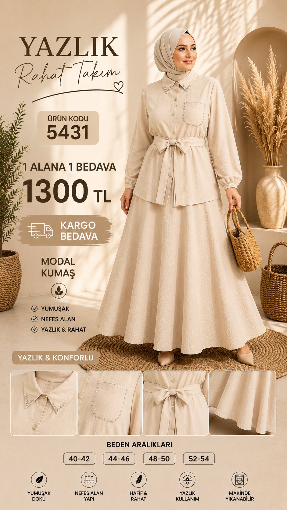 1 ALANA 1 BEDAVA 1300 TL KARGO BEDAVA TAŞ İŞLEMELİ CEP DETAYLI BOYDAN DÜĞMELİ GÖMLEK TAKIM BEJ 
