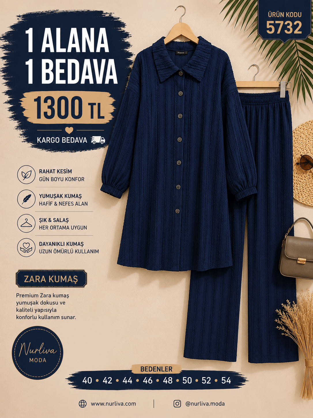 1 ALANA 1 BEDAVA 1300 TL KARGO BEDAVA ZARA KUMAŞ PANTOLONLU TAKIM  LACİVERT