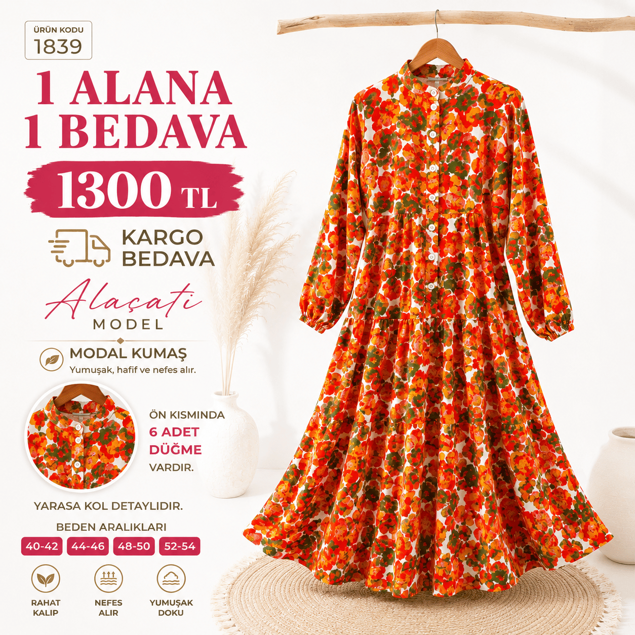 1 ALANA 1 BEDAVA 1300 TL KARGO BEDAVA YAZLIK ÇİÇEK DESENLİ MODAL KUMAŞ ELBİSE TURUNCU 