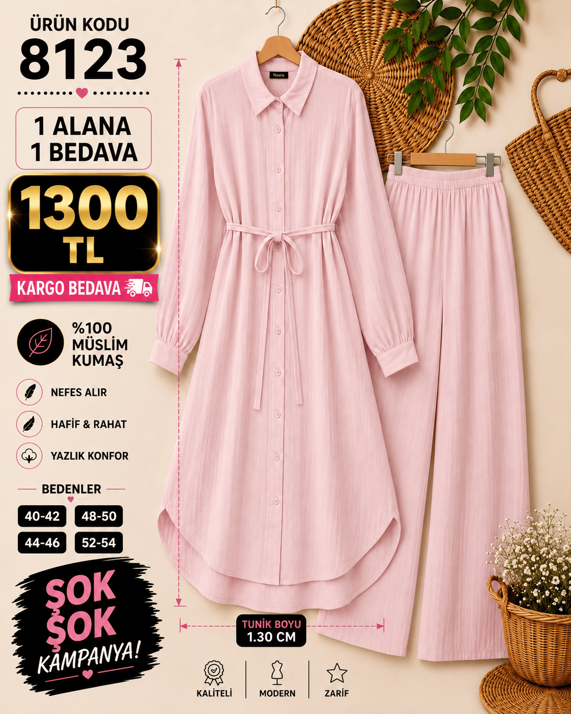 1 ALANA 1 BEDAVA 1300 TL KARGO BEDAVA MÜSLİN KUMAŞ PANTOLONLU BOYDAN DÜĞMELİ DİZ ALTI TUNİK TAKIM TOZ PEMBE 