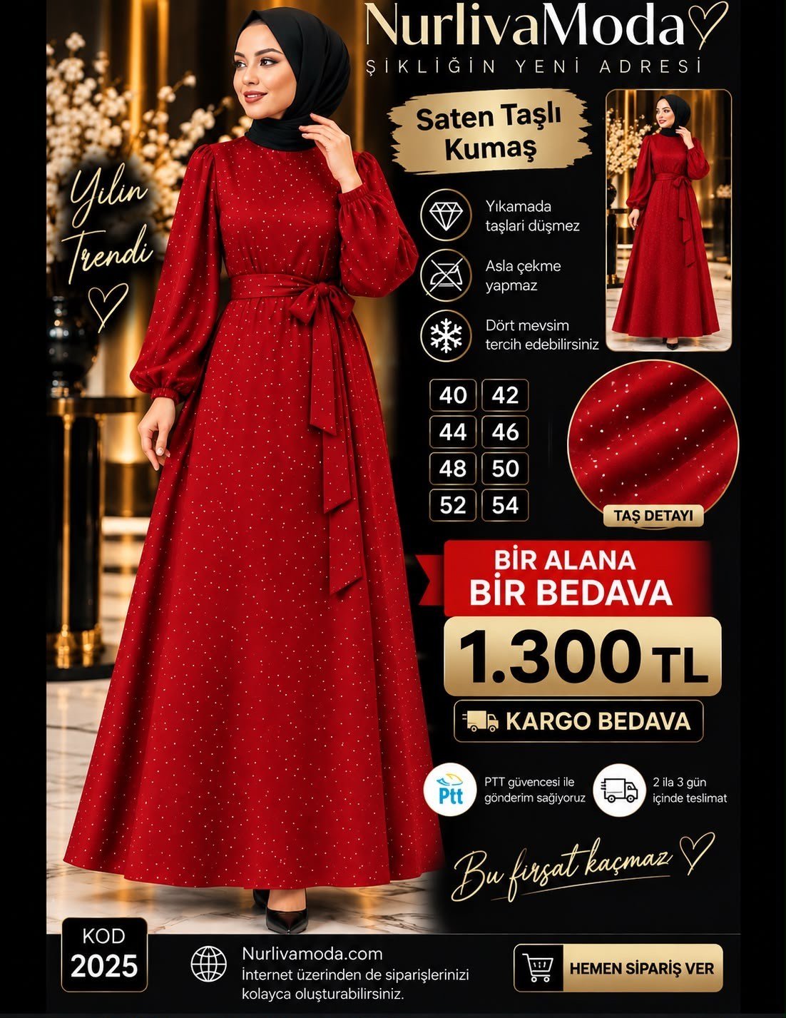 1 ALANA 1 BEDAVA 1300 TL KARGO BEDAVA  TAŞ BASKILI SATEN KUMAŞ SEYYAR KEMERLİ ABİYE ELBİSE KIRMIZI 
