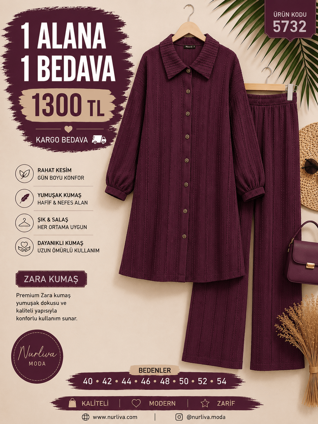 1 ALANA 1 BEDAVA 1300 TL KARGO BEDAVA ZARA KUMAŞ PANTOLONLU TAKIM MÜRDÜM 