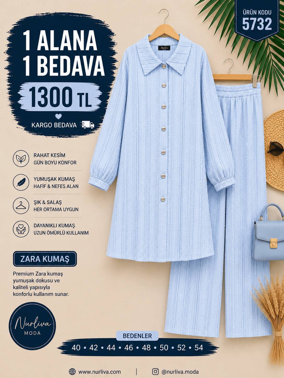 1 ALANA 1 BEDAVA 1300 TL KARGO BEDAVA ZARA KUMAŞ PANTOLONLU TAKIM  BEBE MAVİ 