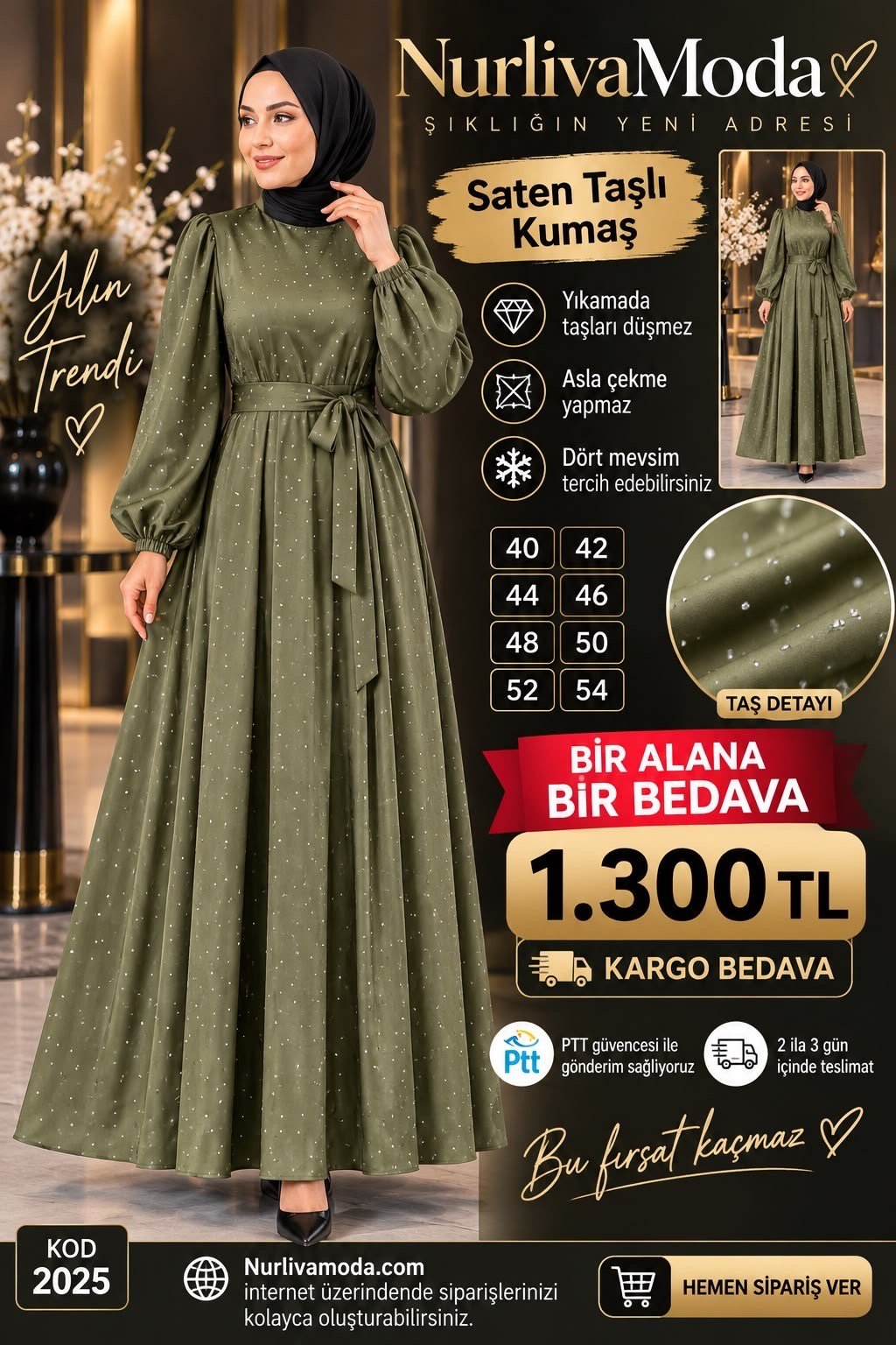 1 ALANA 1 BEDAVA 1300 TL KARGO BEDAVA  TAŞ BASKILI SATEN KUMAŞ SEYYAR KEMERLİ ABİYE ELBİSE HAKİ 