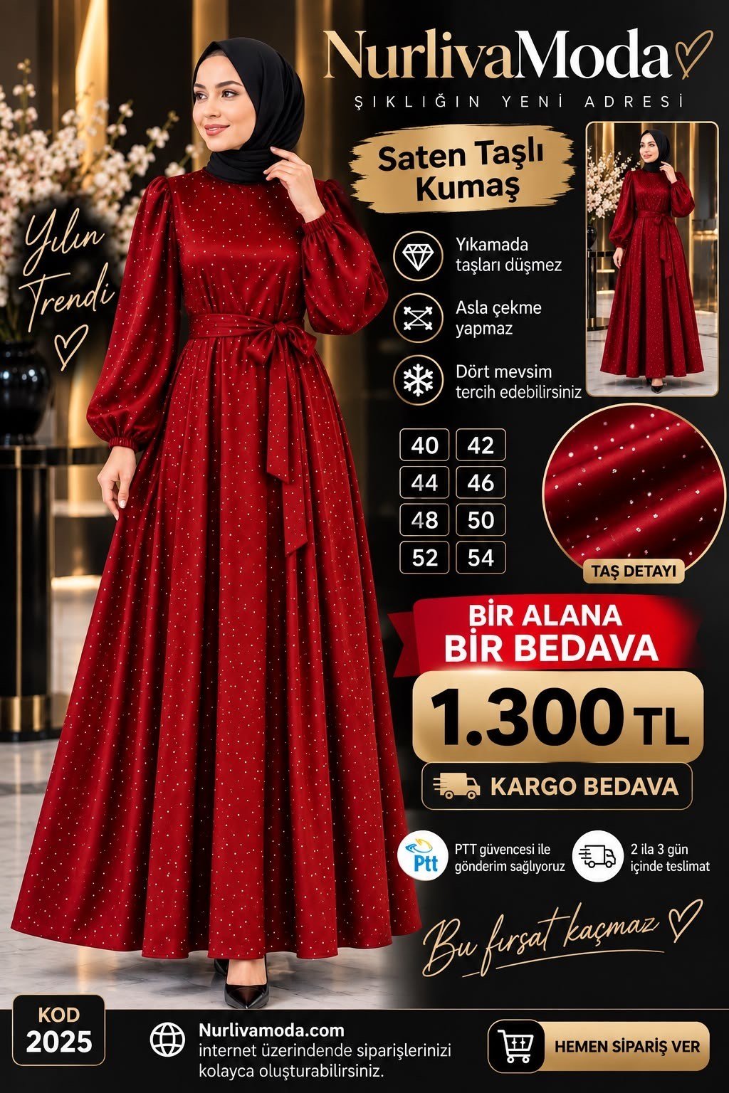 1 ALANA 1 BEDAVA 1300 TL KARGO BEDAVA  TAŞ BASKILI SATEN KUMAŞ SEYYAR KEMERLİ ABİYE ELBİSE KIRMIZI 