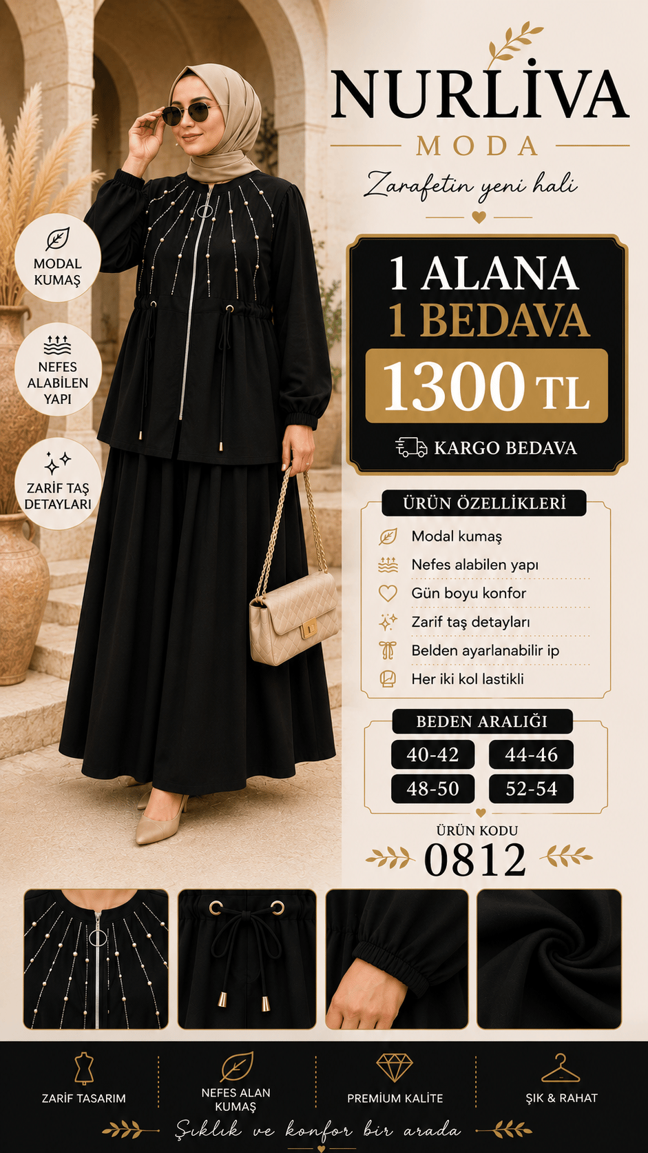 1 ALANA 1 BEDAVA 1300 TL KARGO BEDAVA TAŞ İŞLEMELİ MODAL KUMAŞ ETEKLİ TAKIM SİYAH 
