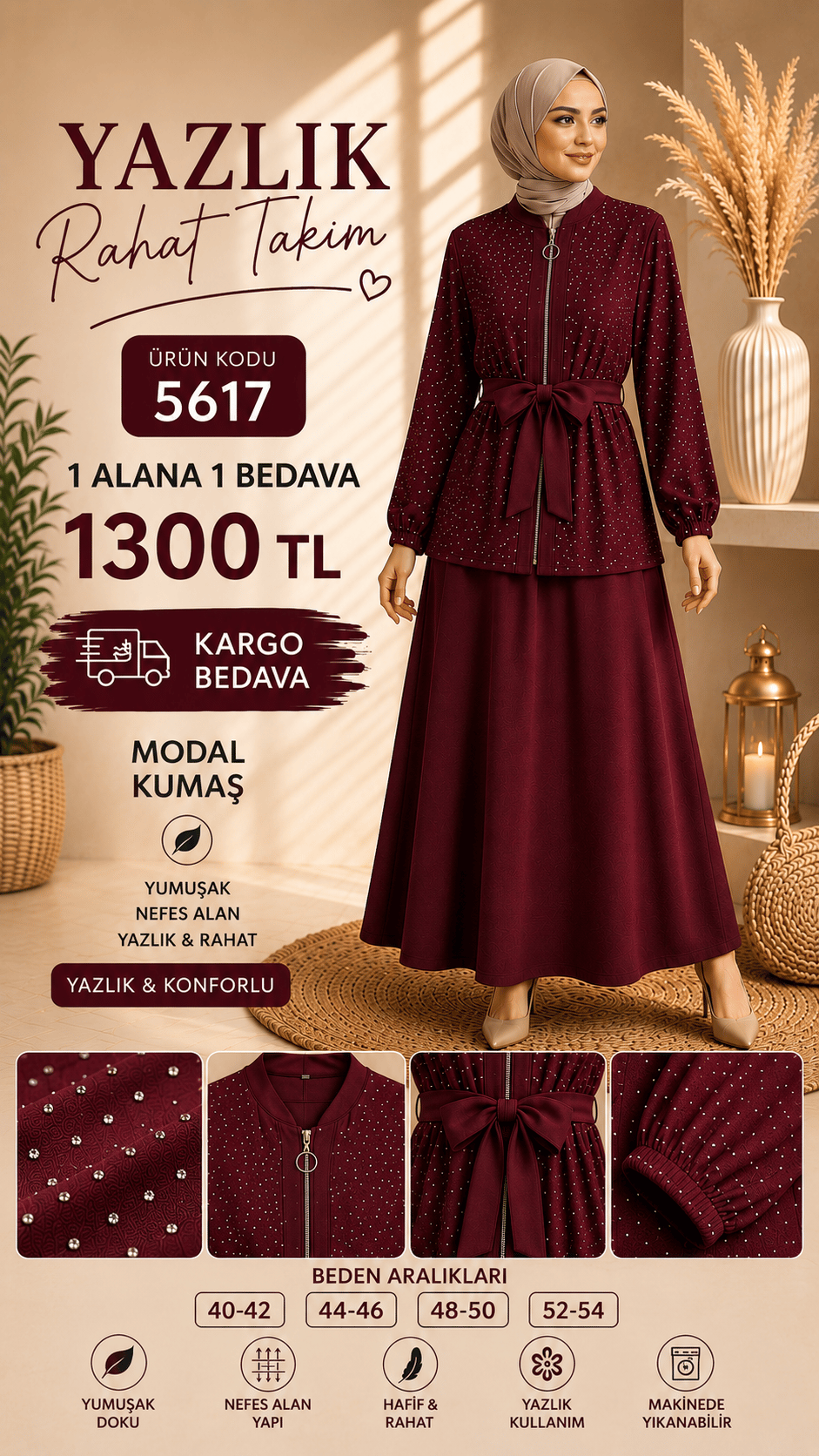 1 ALANA 1 BEDAVA 1300 TL KARGO BEDAVA TAŞ BASKILI MODAL KUMAŞ TAKIM MÜRDÜM  
