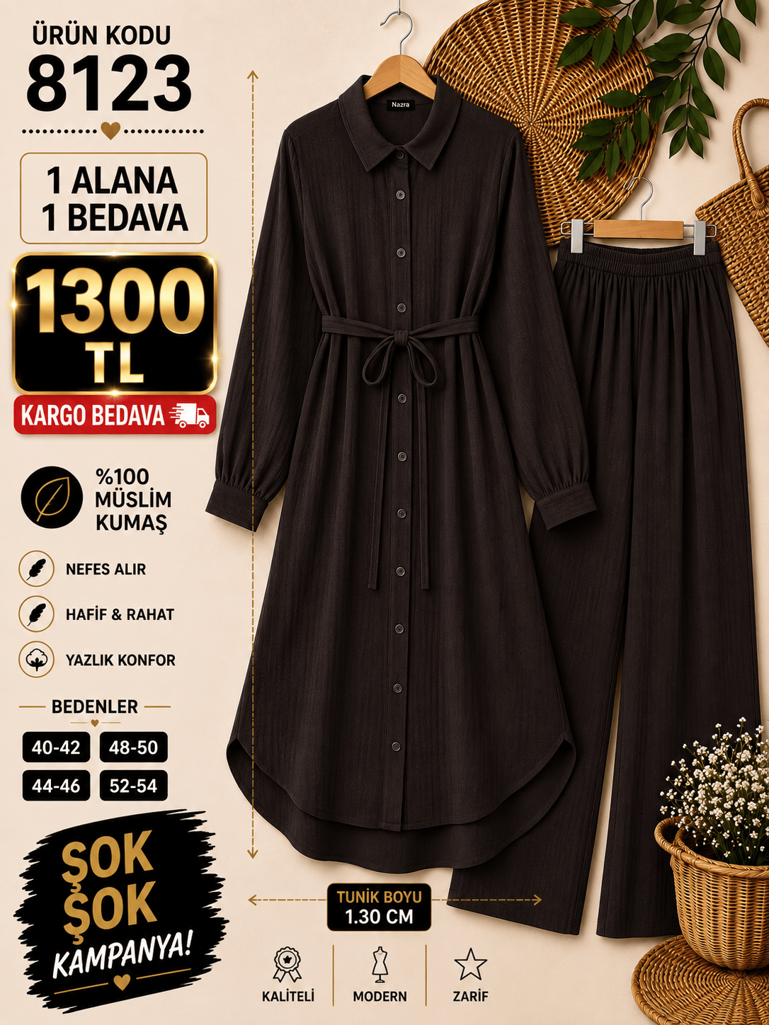1 ALANA 1 BEDAVA 1300 TL KARGO BEDAVA MÜSLİN KUMAŞ PANTOLONLU BOYDAN DÜĞMELİ DİZ ALTI TUNİK TAKIM KAHVERENGİ 