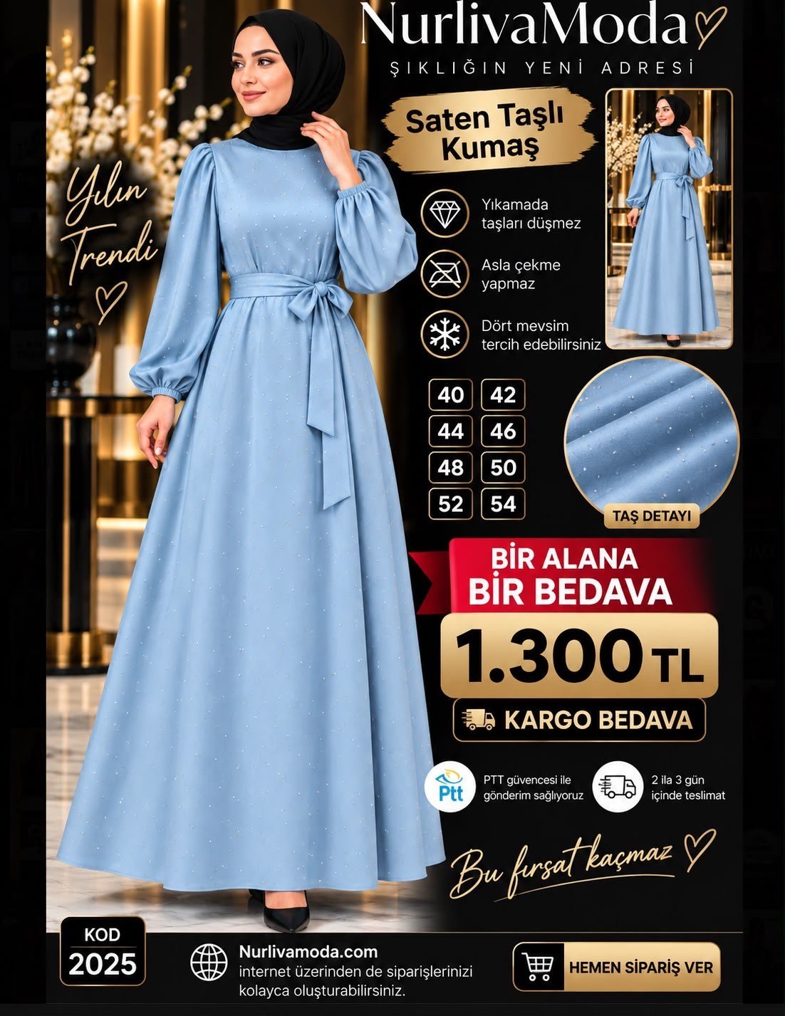 1 ALANA 1 BEDAVA 1300 TL KARGO BEDAVA  TAŞ BASKILI SATEN KUMAŞ SEYYAR KEMERLİ ABİYE ELBİSE BEBE MAVİSİ 