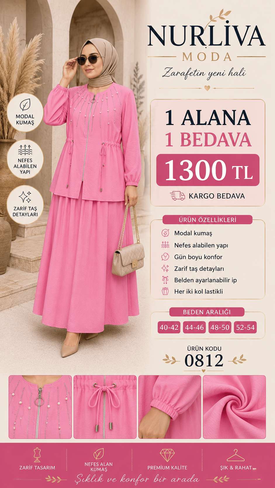 1 ALANA 1 BEDAVA 1300 TL KARGO BEDAVA TAŞ İŞLEMELİ MODAL KUMAŞ ETEKLİ TAKIM PEMBE 