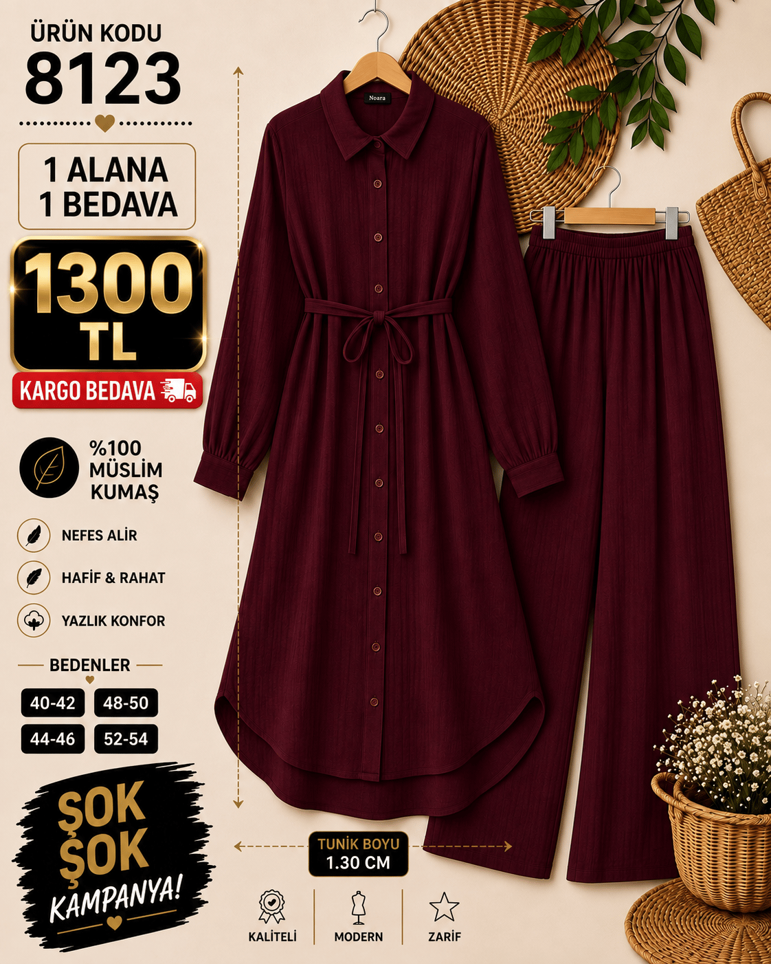 1 ALANA 1 BEDAVA 1300 TL KARGO BEDAVA MÜSLİN KUMAŞ PANTOLONLU BOYDAN DÜĞMELİ DİZ ALTI TUNİK TAKIM BORDO 