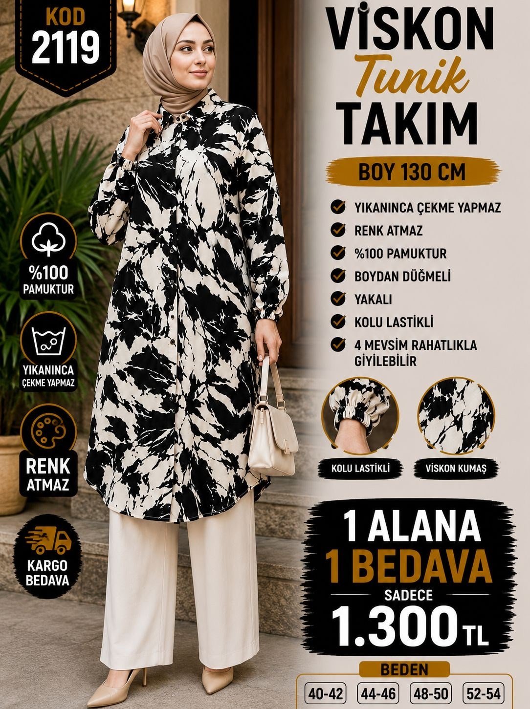 1 ALANA 1 BEDAVA 1300 TL KARGO BEDAVA BOYDAN DÜĞMELİ PANTOLONLU VİSKON KUMAŞ TUNİK TAKIM SİYAH - BEYAZ