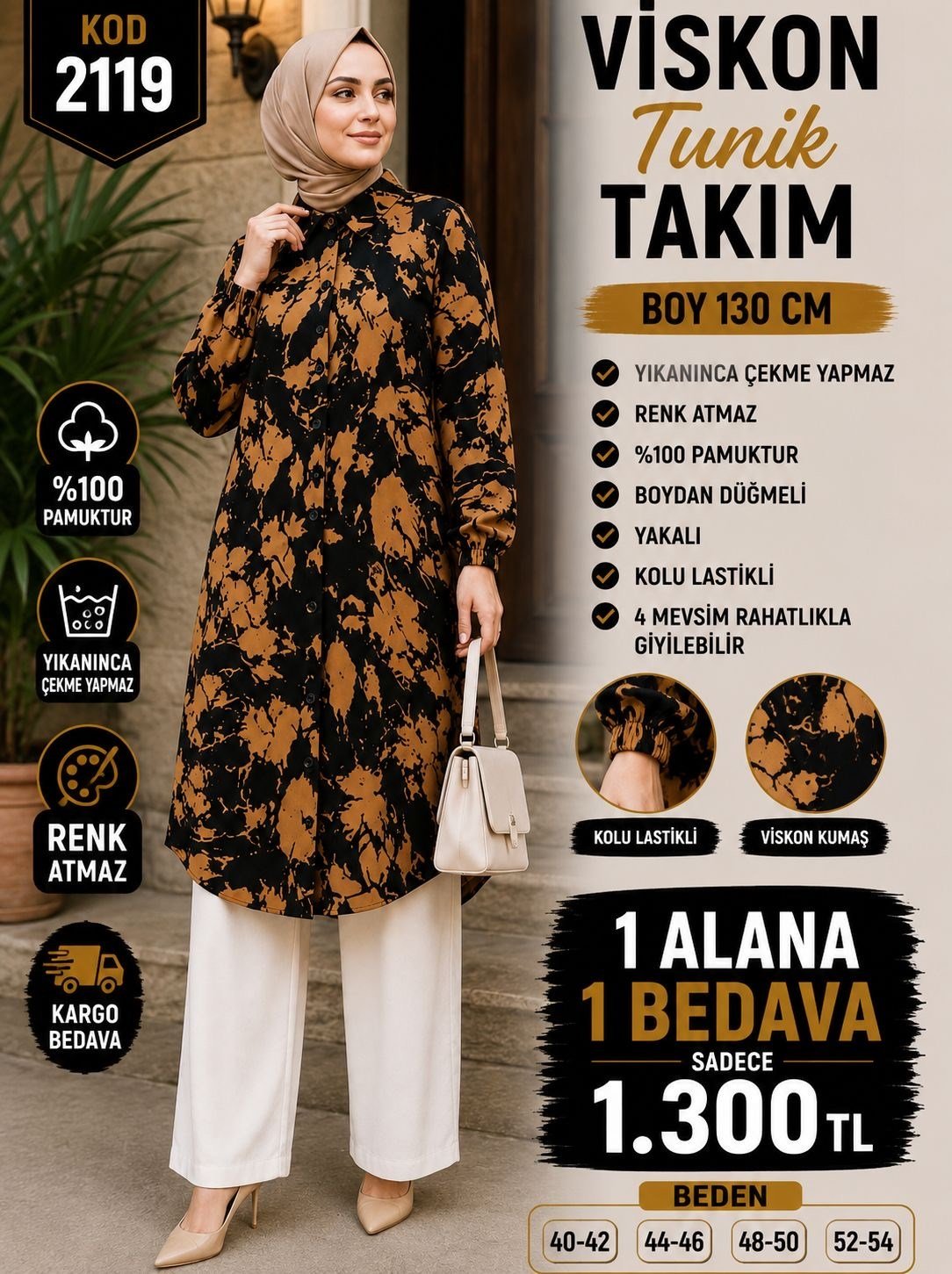 1 ALANA 1 BEDAVA 1300 TL KARGO BEDAVA BOYDAN DÜĞMELİ PANTOLONLU VİSKON KUMAŞ TUNİK TAKIM SİYAH - KAHVERENGİ 