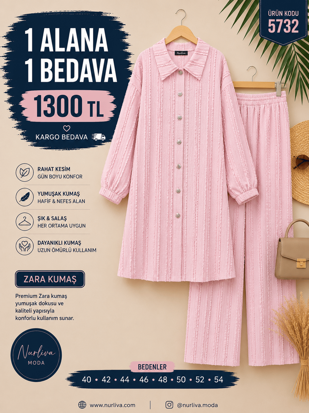 1 ALANA 1 BEDAVA 1300 TL KARGO BEDAVA ZARA KUMAŞ PANTOLONLU TAKIM  SOFT PUDRA  PEMBE 