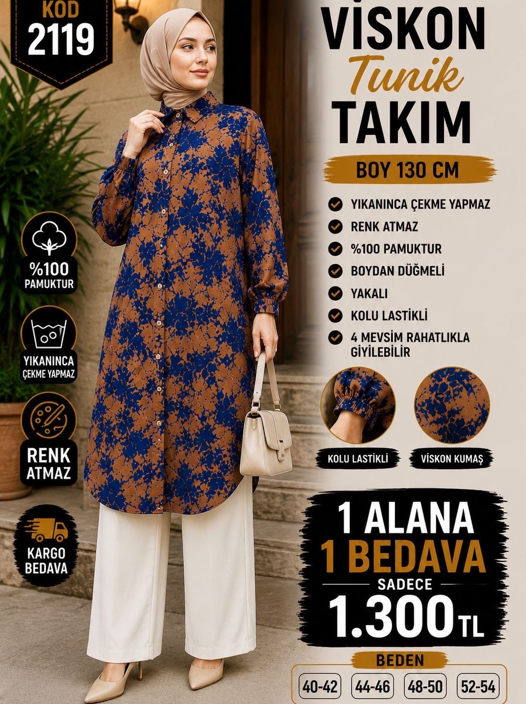 1 ALANA 1 BEDAVA 1300 TL KARGO BEDAVA BOYDAN DÜĞMELİ PANTOLONLU VİSKON KUMAŞ TUNİK TAKIM LACİVERT - KAHVERENGİ 