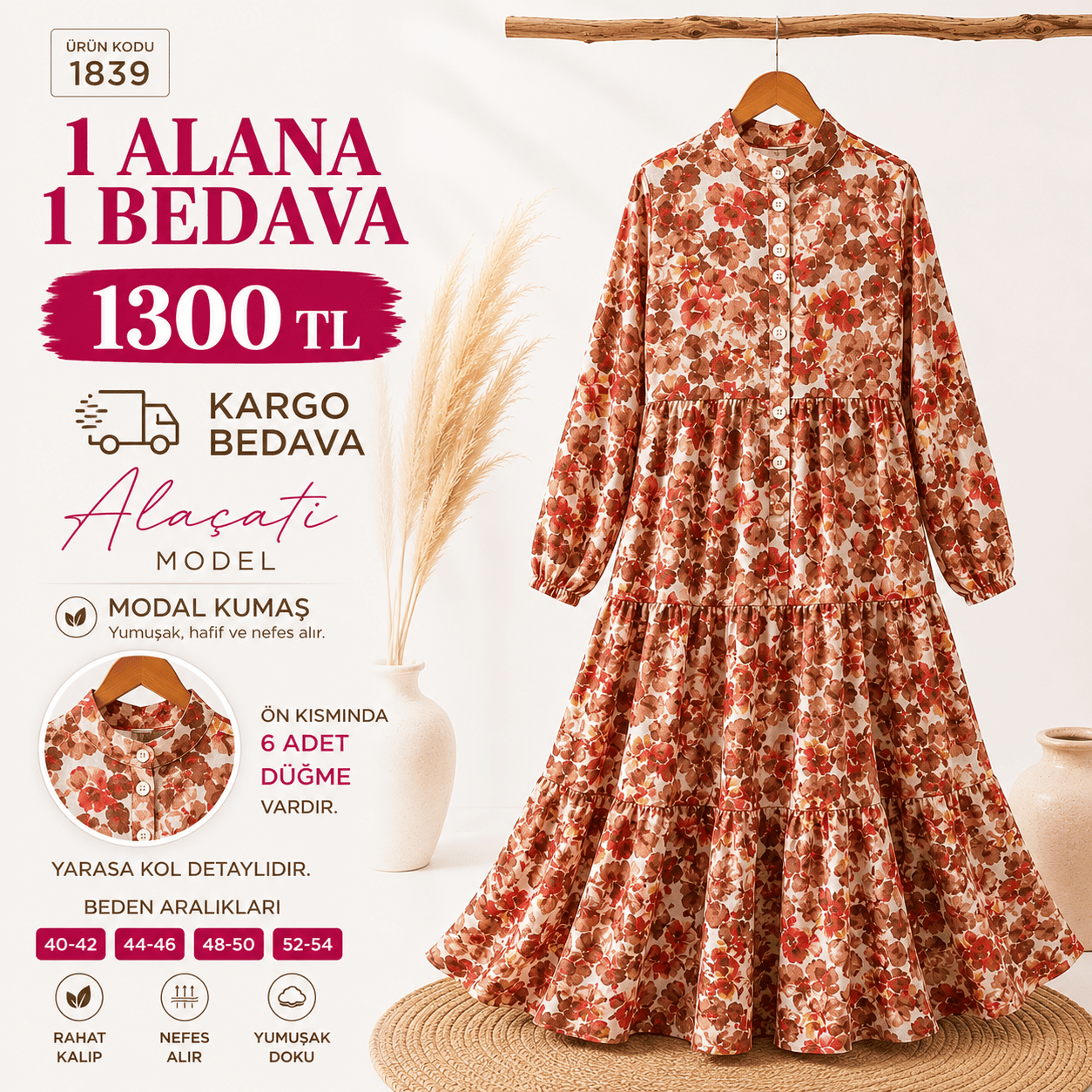 1 ALANA 1 BEDAVA 1300 TL KARGO BEDAVA YAZLIK ÇİÇEK DESENLİ MODAL KUMAŞ ELBİSE KAHVE 