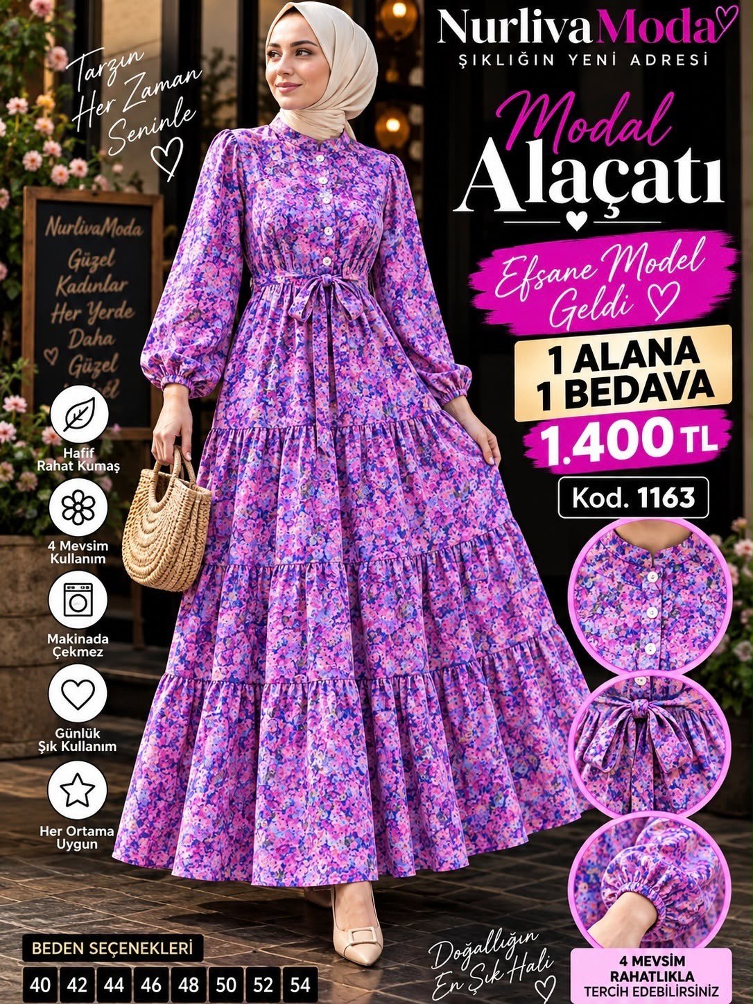 1 ALANA 1 BEDAVA 1400 TL KARGO BEDAVA ALAÇATI BEMOLDEN BAĞLAMALI ELBİSE MOR 