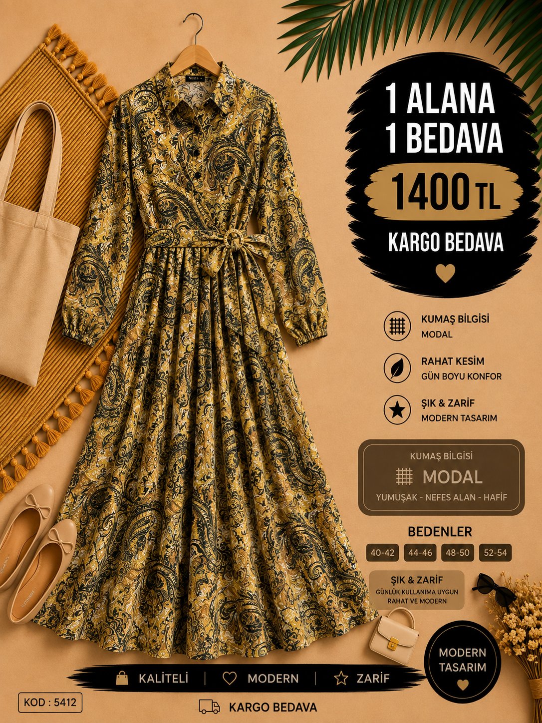 1 ALANA 1 BEDAVA 1400 TL KARGO BEDAVA MODAL KUMAŞ YANDAN BROŞ DETAYLI ELBİSE SARI 