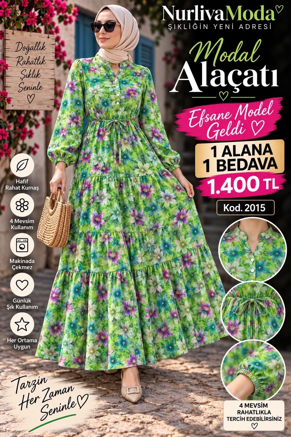 1 ALANA 1 BEDAVA  1400 TL  KARGO BEDAVA  ALAÇATI BELDEN BAĞLAMALI ELBİSE YEŞİL 