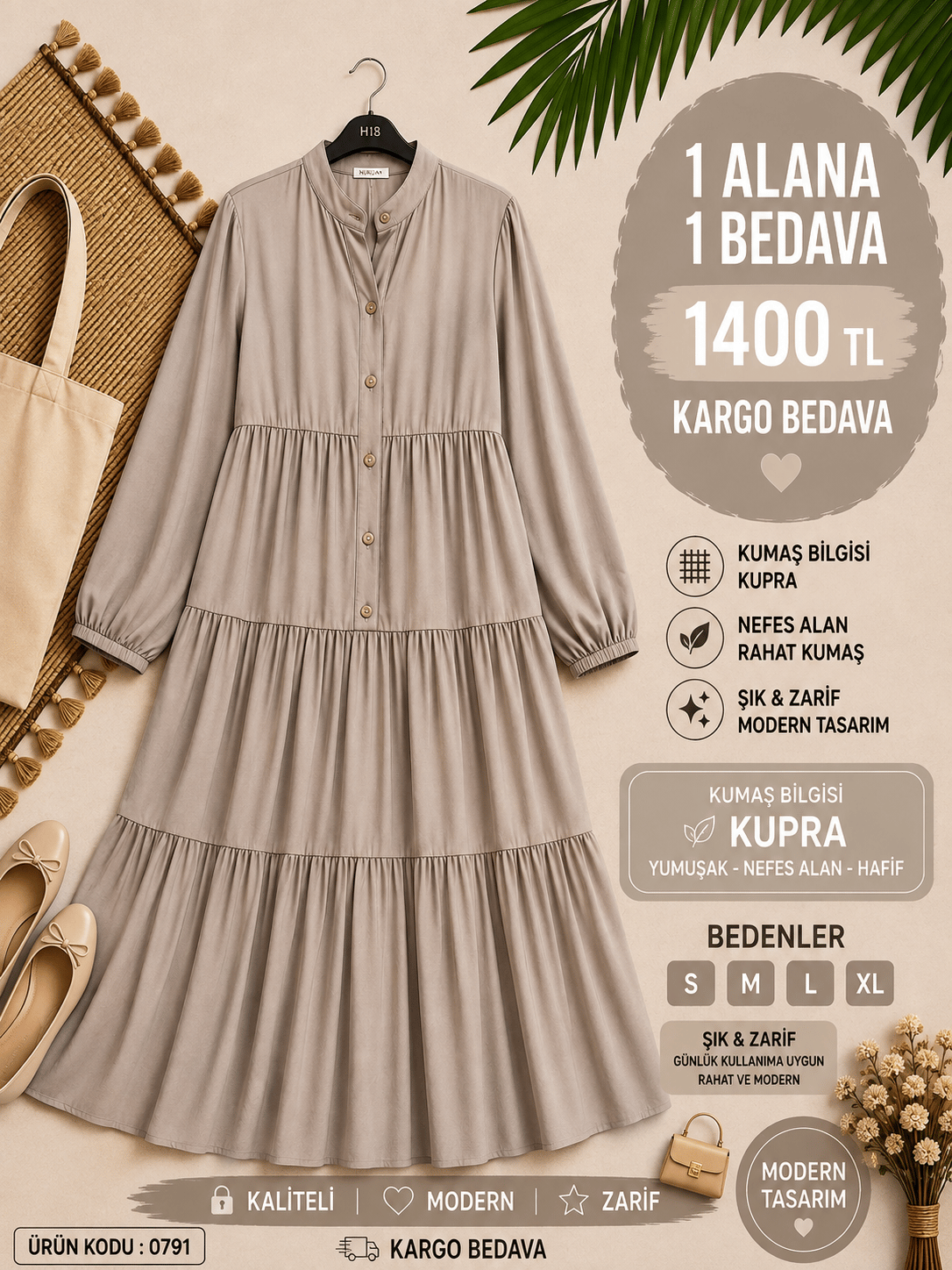 1 ALANA 1 BEDAVA 1400 TL KARGO BEDAVA MODAL KUMAŞ ALAÇATI ELBİSE  VİZON 