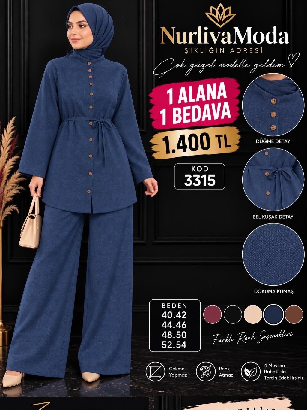 1 ALANA 1 BEDAVA  1400 TL KARGO BEDAVA BOYDAN DÜĞMELİ PANTOLONLU TAKIM  MAVİ 