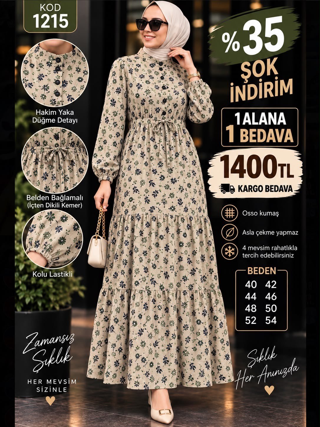 1 ALANA 1 BEDAVA 1400 TL KARGO BEDAVA OSSO KUMAŞ BELDEN BAĞLAMALI ELBİSE VİZON 