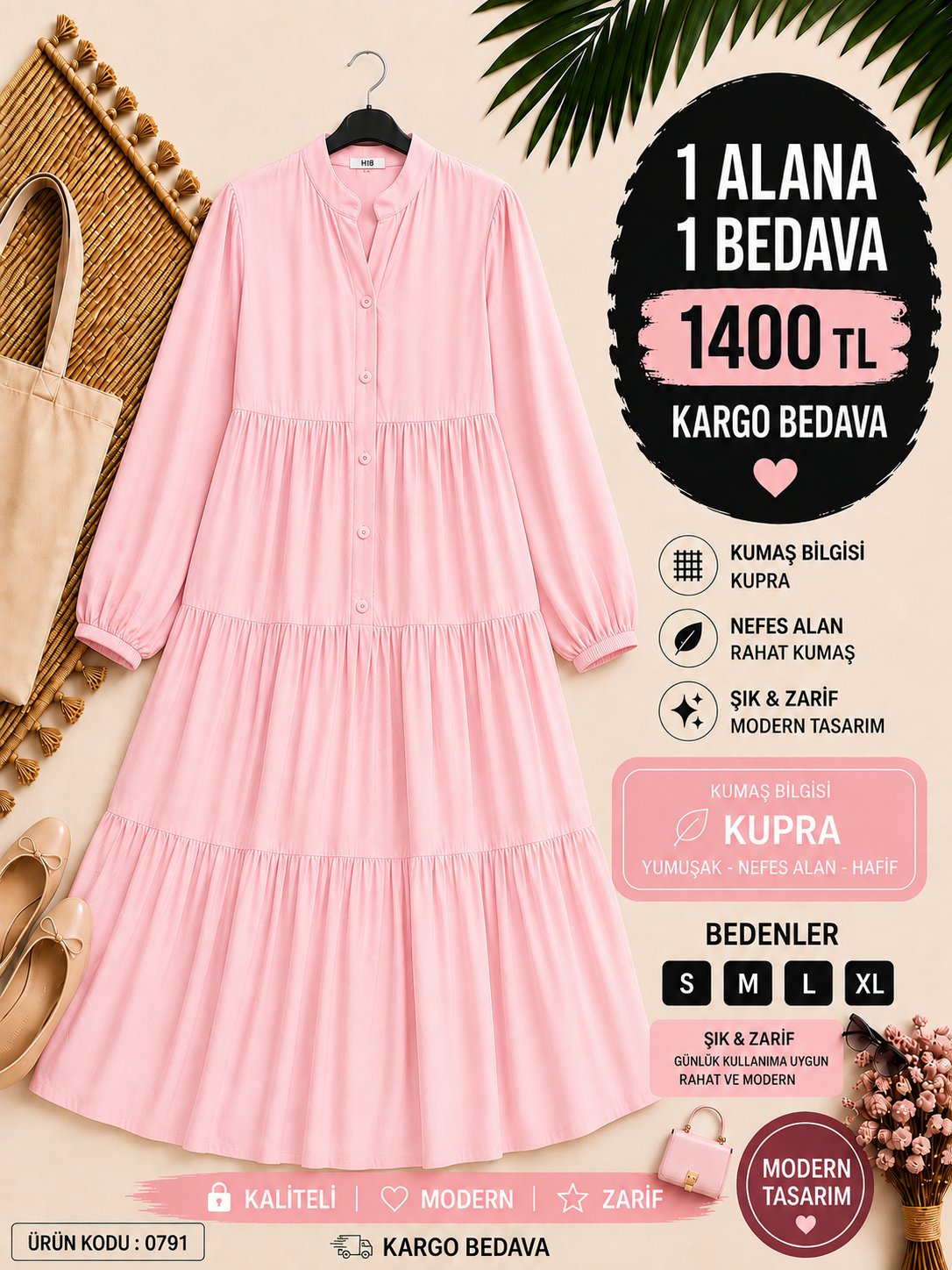 1 ALANA 1 BEDAVA 1400 TL KARGO BEDAVA MODAL KUMAŞ ALAÇATI ELBİSE PEMBE 