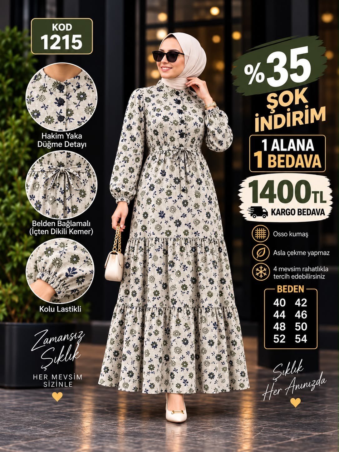 1 ALANA 1 BEDAVA 1400 TL KARGO BEDAVA OSSO KUMAŞ BELDEN BAĞLAMALI ELBİSE TAŞ 