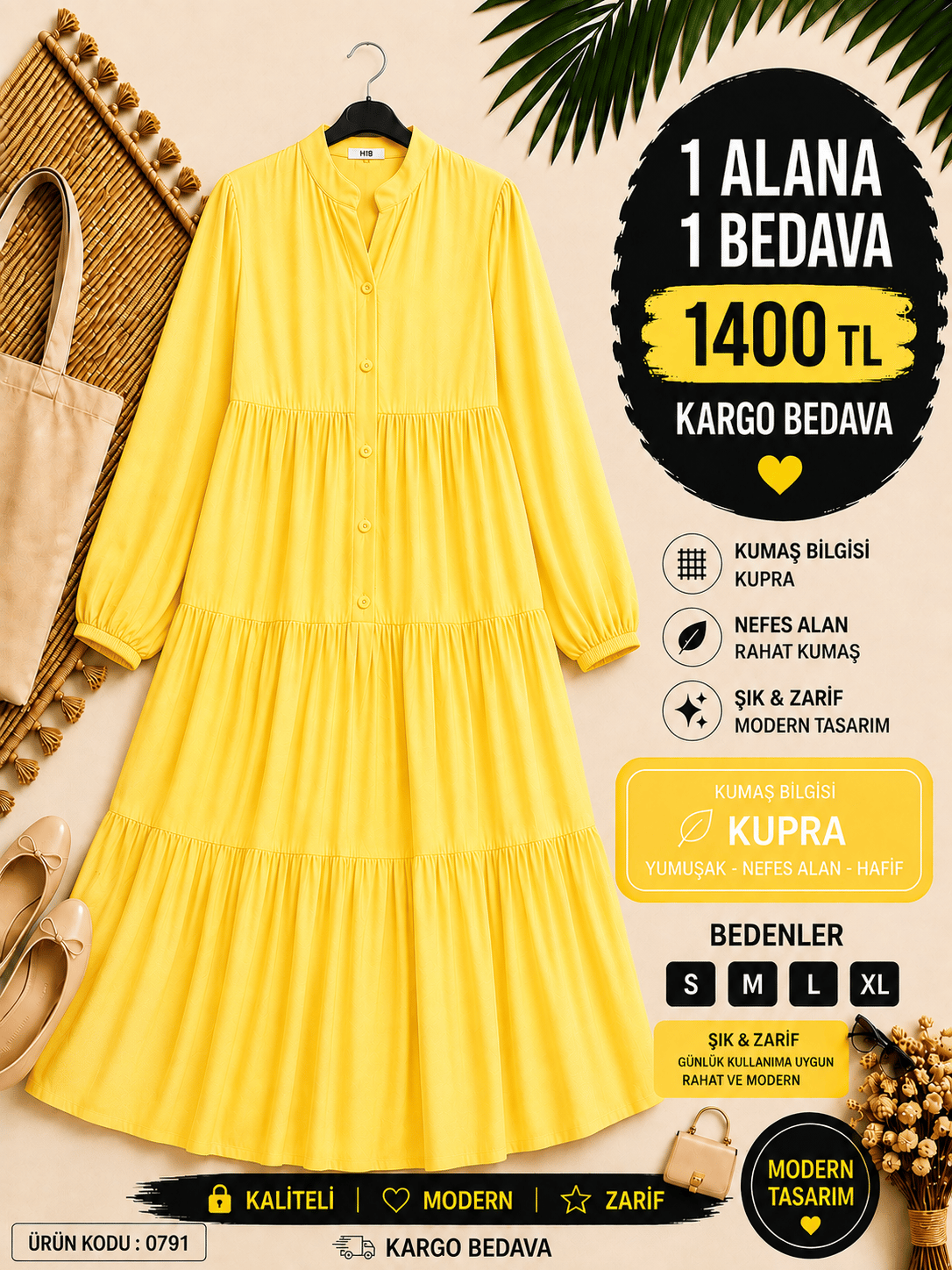 1 ALANA 1 BEDAVA 1400 TL KARGO BEDAVA MODAL KUMAŞ ALAÇATI ELBİSE SARI 