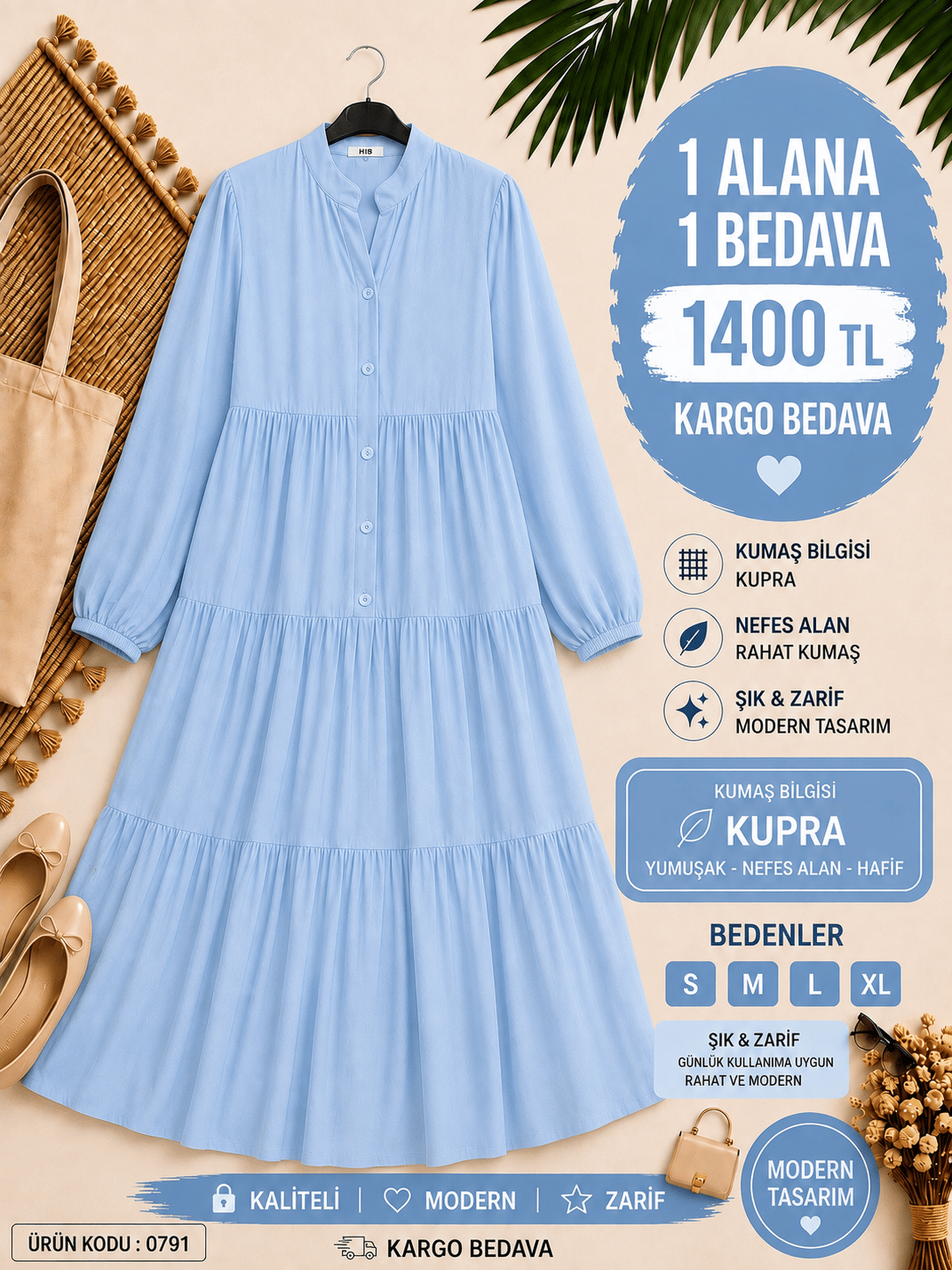 1 ALANA 1 BEDAVA 1400 TL KARGO BEDAVA MODAL KUMAŞ ALAÇATI ELBİSE  BEBE MAVİ 