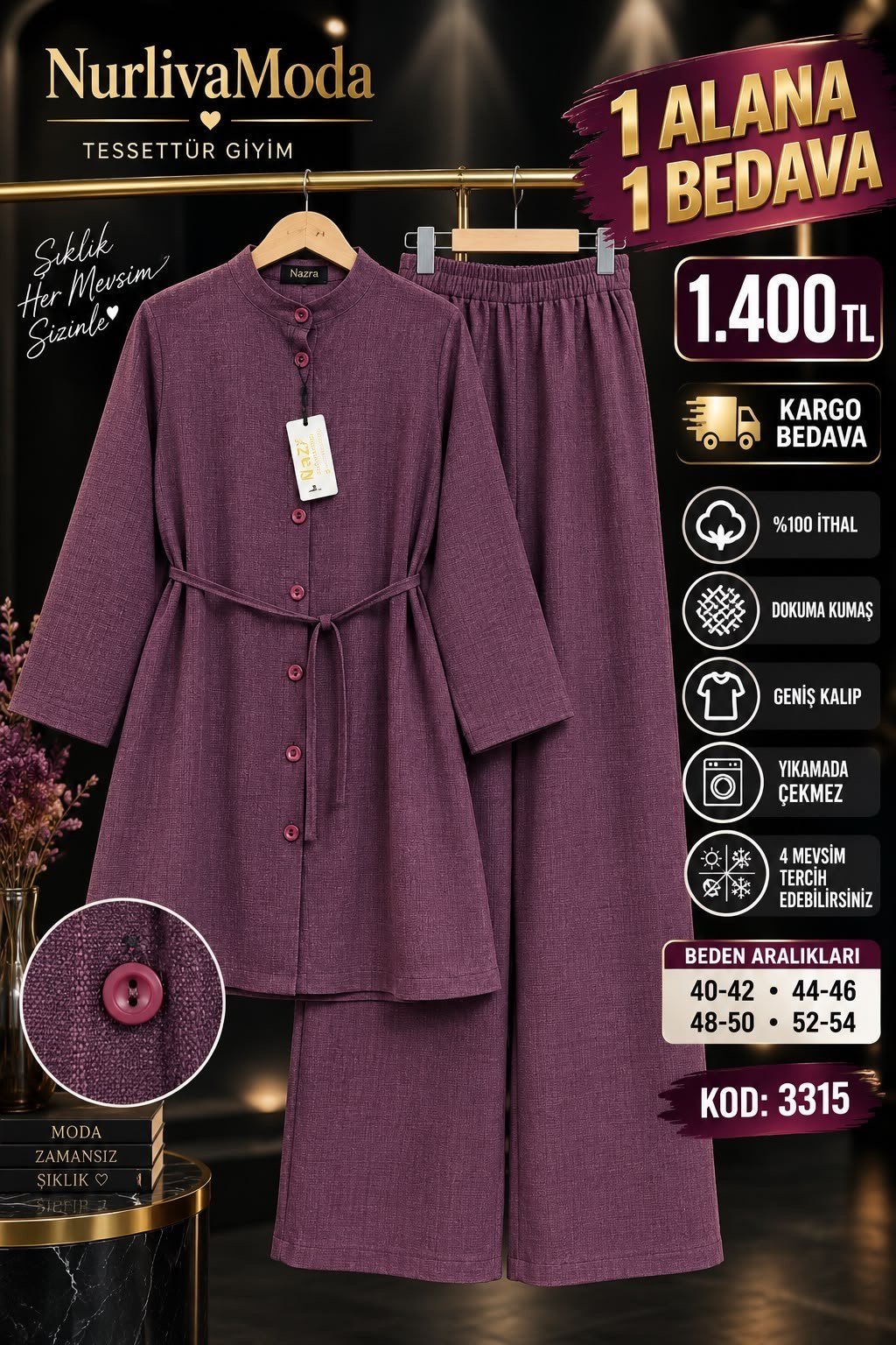 1 ALANA 1 BEDAVA  1400 TL KARGO BEDAVA BOYDAN DÜĞMELİ PANTOLONLU TAKIM  MÜRDÜM 