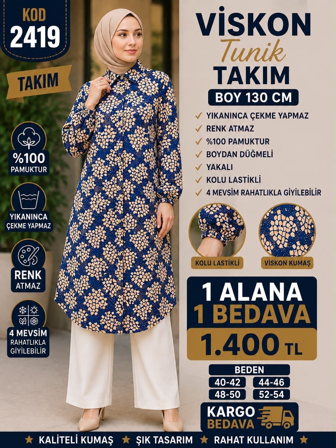 1 ALANA 1 BEDAVA 1400 TL KARGO BEDAVA VİSKON KUMAŞ TUNİKLİ TAKIM MAVİ 
