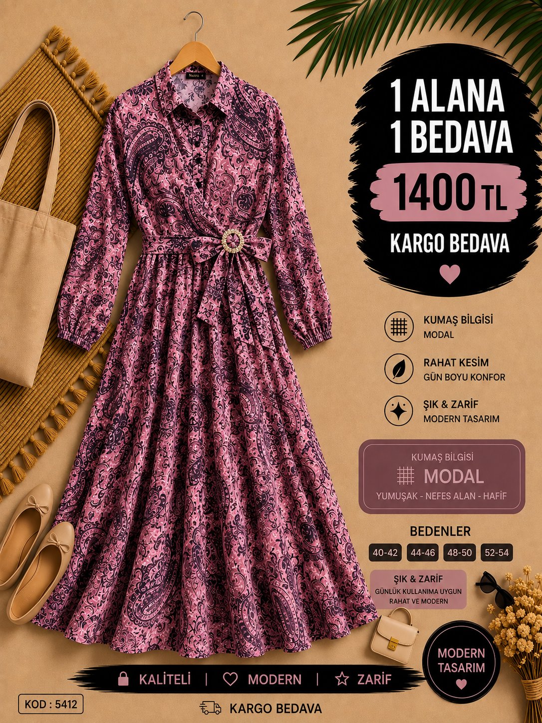 1 ALANA 1 BEDAVA 1400 TL KARGO BEDAVA MODAL KUMAŞ YANDAN BROŞ DETAYLI ELBİSE PEMBE 