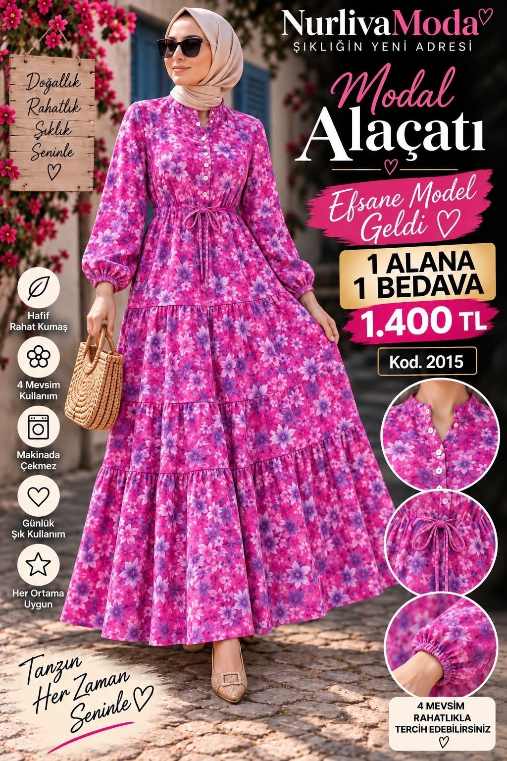 1 ALANA 1 BEDAVA  1400 TL  KARGO BEDAVA  ALAÇATI BELDEN BAĞLAMALI ELBİSE FUŞYA 